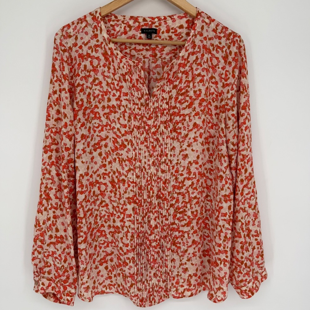 Talbots Top Womens XL Pink Orange Abstract Print Pleated Front Split Neck
